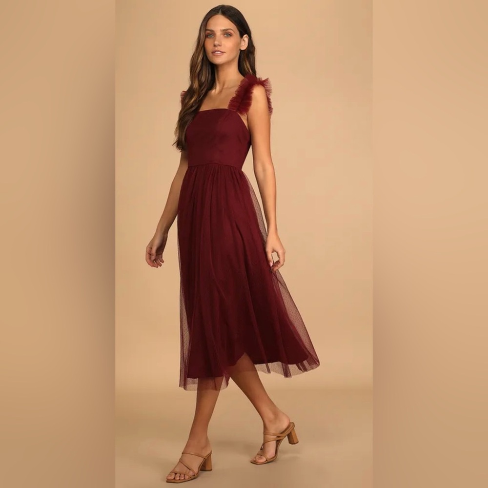 Lulus Divine Invitation Burgundy Tulle Swiss Dot Ruffled Midi Dress